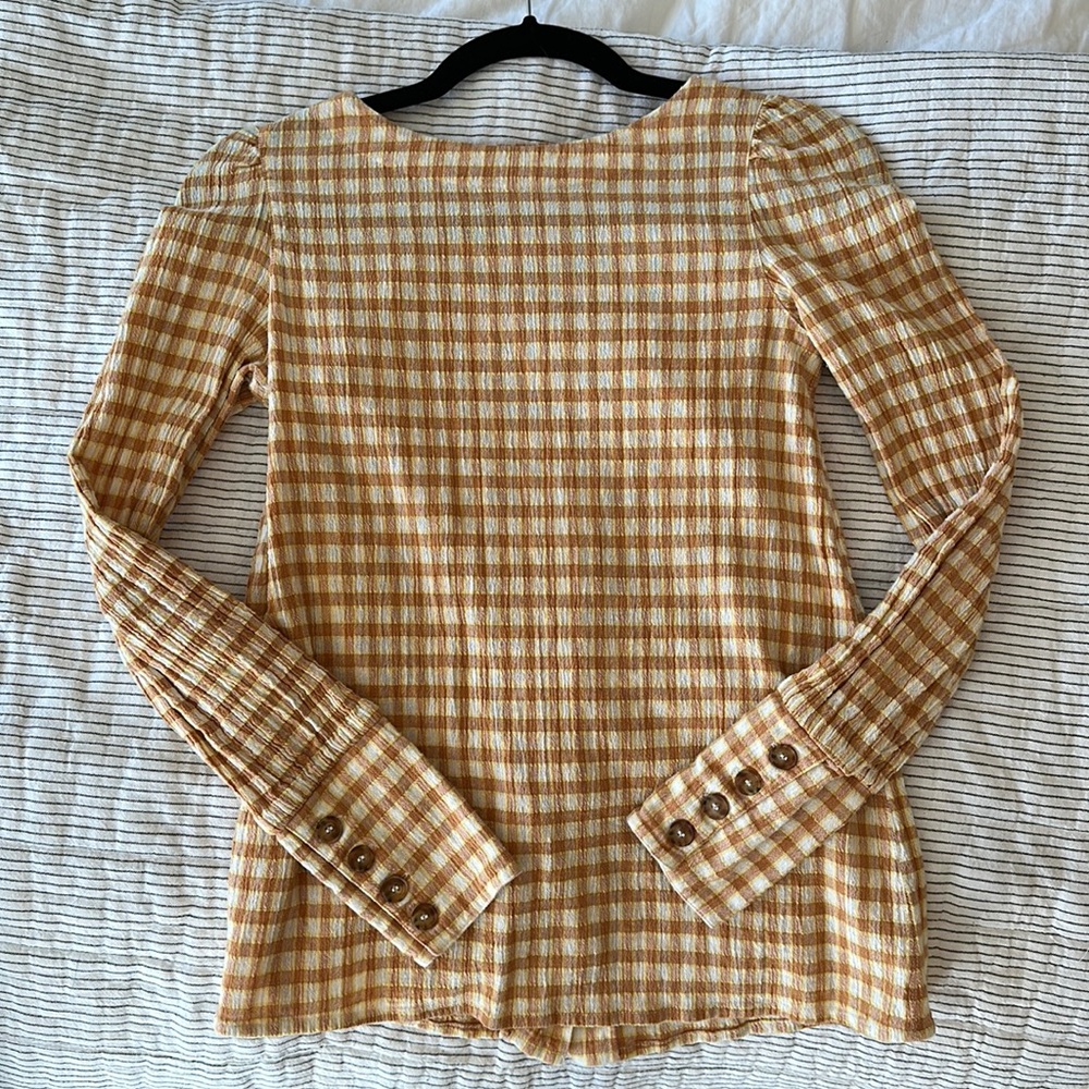 Sezane Yellow Check Cotton Button Back Blouse - Like New size 34